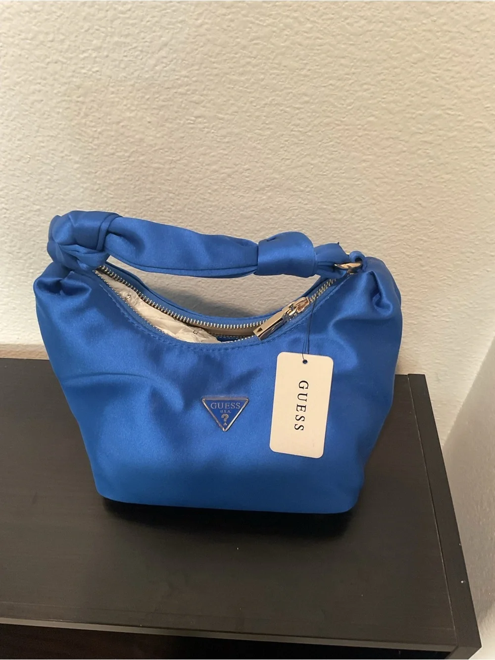 GUESS Cobalt Blue Satin Knot-Handle Hobo Bag Velina  Purse